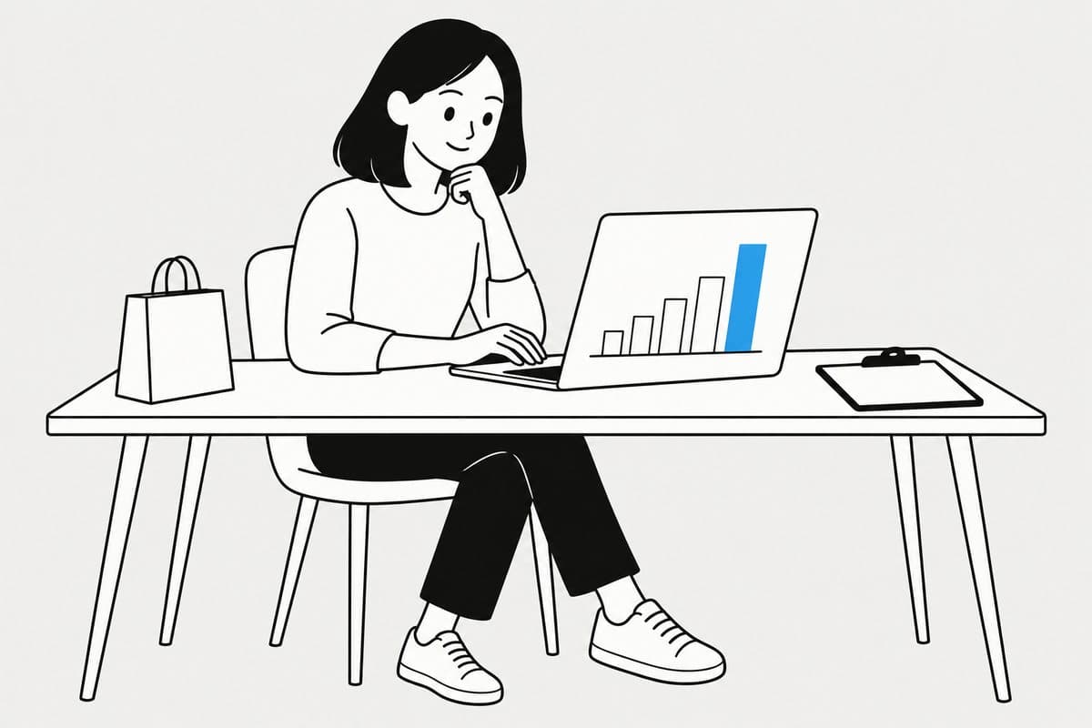노트북 앞에서 글별 제휴 링크 클릭 막대그래프를 비교하는 사람