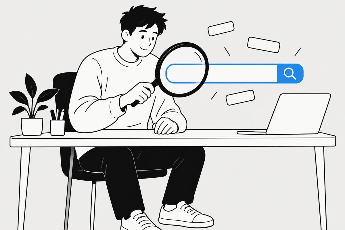 돋보기로 검색창과 키워드 태그를 살펴보는 사람