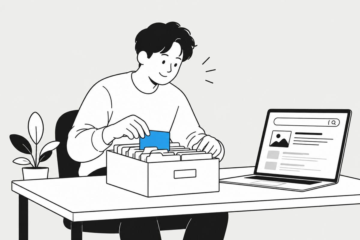 노트북 앞에서 웹 페이지 출력물에 붙은 라벨과 검색 결과를 비교하며 구조화 데이터를 점검하는 사람